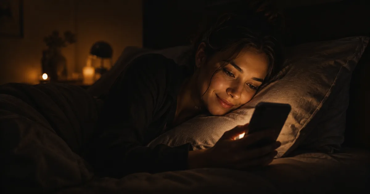 Persona en la cama de noche sonriendo ante la luz cálida del móvil, conectando con su pareja a distancia