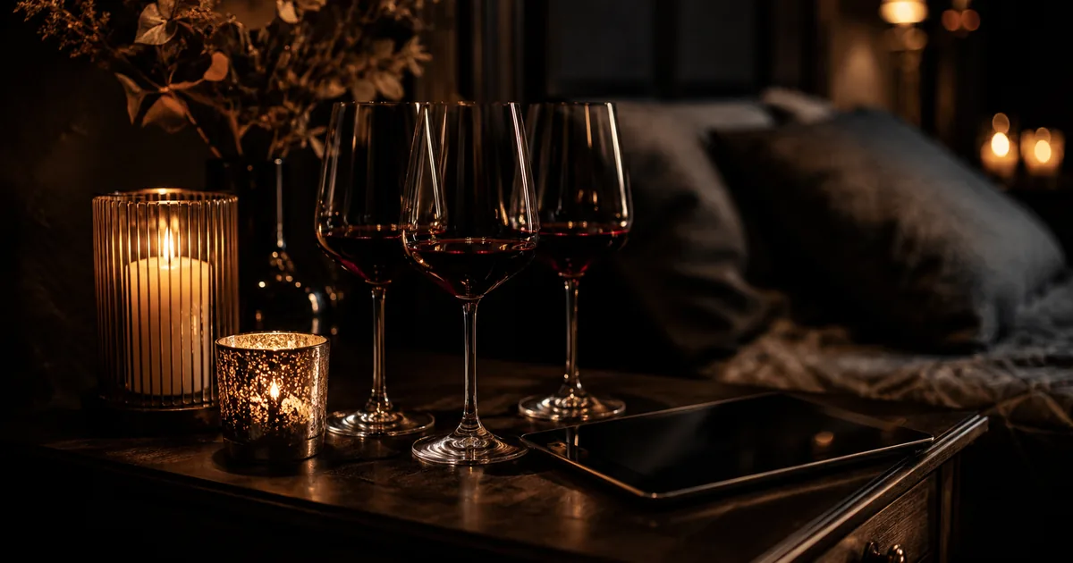 Tres copas de vino y una tableta sobre una mesa de noche con luz cálida y velas — ambiente íntimo para un juego de tríos entre adultos