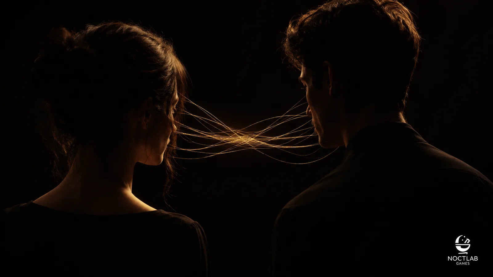Dos siluetas frente a frente conectadas por finos hilos dorados de luz que se cruzan en el centro — representación visual del modelo de intercambio sexual de Byers