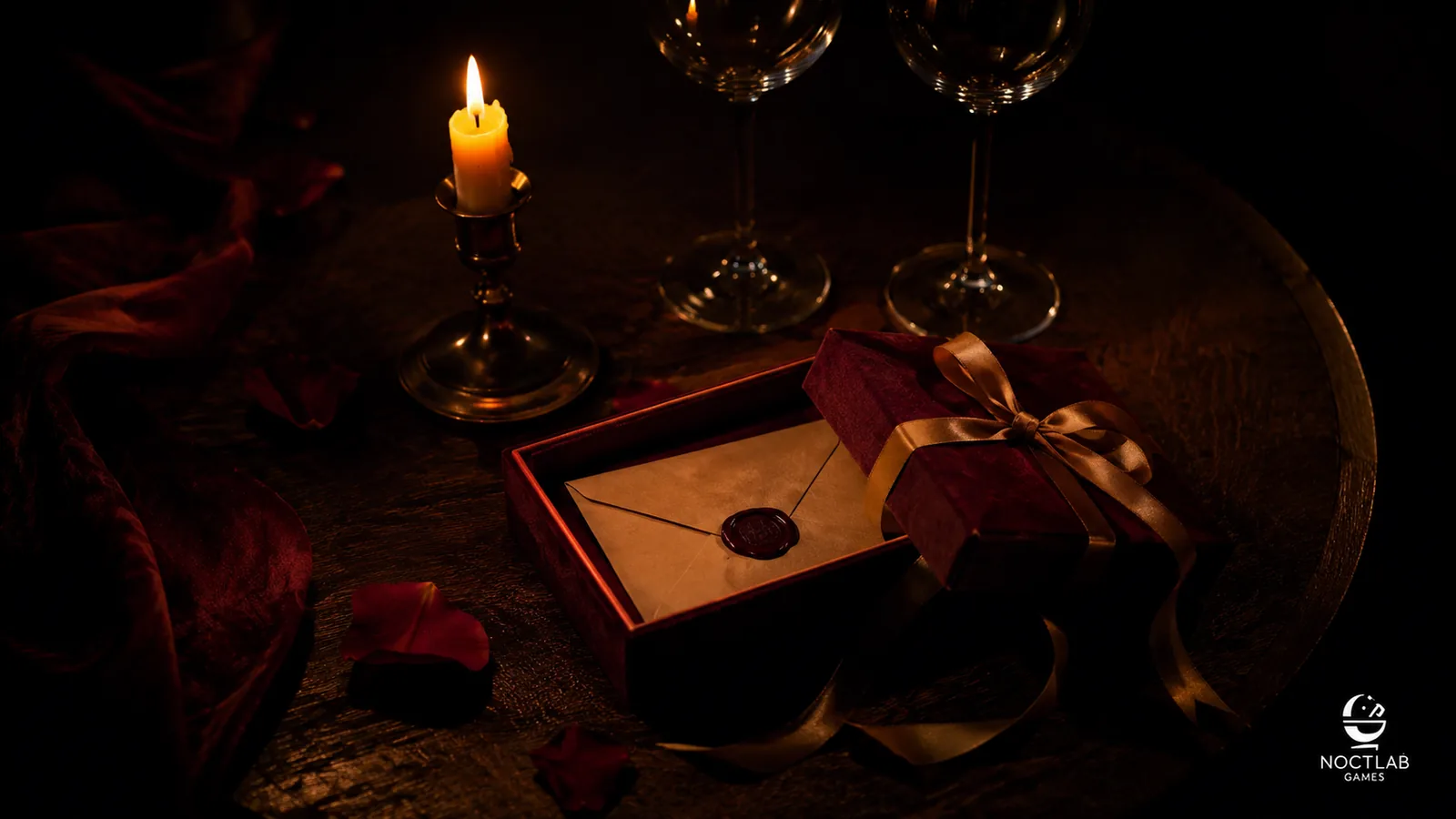 Caja de regalo pequeña de terciopelo rojo vino con lazo dorado, abierta sobre madera oscura, dejando ver un sobre lacrado — un regalo que insinúa una experiencia, no un objeto