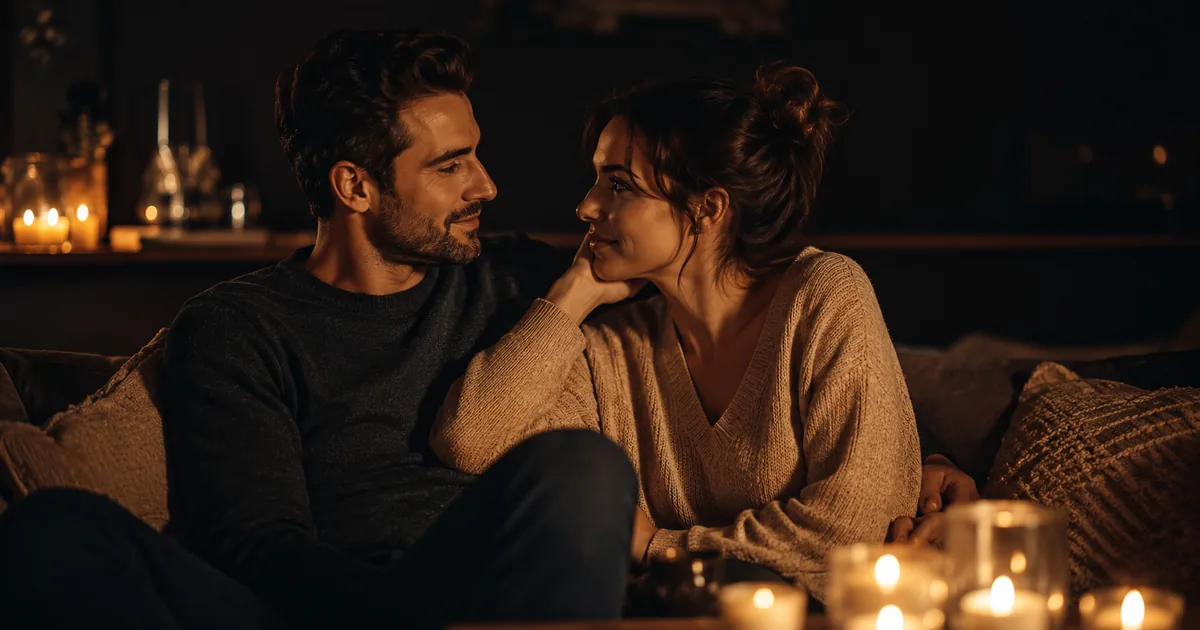 Pareja conversando de noche con luz cálida, en un ambiente íntimo de confianza — comunicación sobre el deseo en la relación